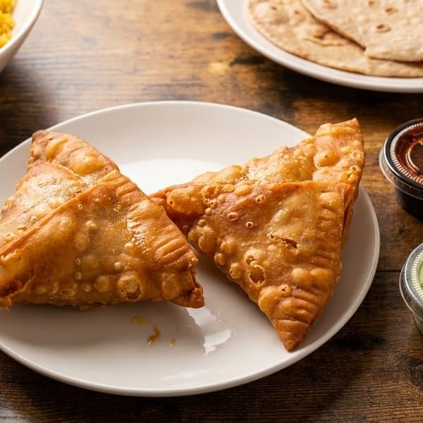 Two golden-brown samosas on a white plate, with rice, flatbread, and dipping sauces in the background.